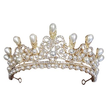 Tiara, diadem ślubny, korona złota z cyrkoniami i perłami