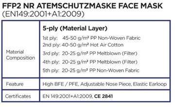 MASKA FFP2 PÓŁMASKA FILTRUJĄCA 5WARSTW CARINE 10x