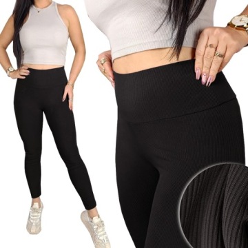 LEGGINSY BAMBUSOWE PRĄŻKOWANE DŁUGIE z WYSOKIM STANEM getry KRYJĄCE - S/M