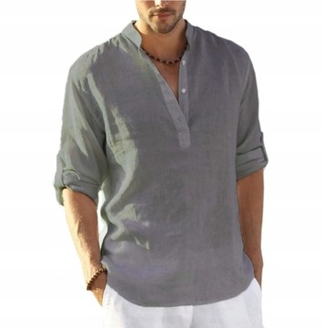 Bawełniana koszula męska ze stójką modna elegancka wygodna podwijane rękawy