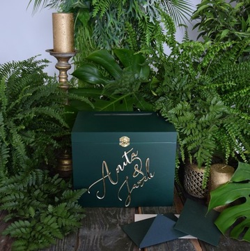 Большая ЗЕЛЕНАЯ Коробка для КОНВЕРТОВ + ЗОЛОТЫХ ОБРУЧАЛЬНЫХ КОЛЬЦЕВ L