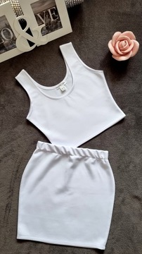 KOMPLET JEANS Krótka BLUZKA TOP na Szelkach + SPÓDNICZKA MINI na GUMCE M/L