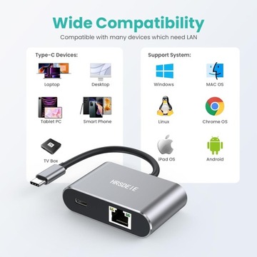 Адаптер Ethernet (RJ45) для док-станции USB C с портом зарядки 60 Вт