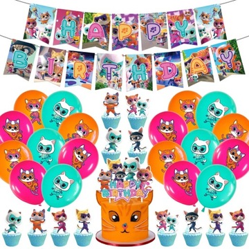 Super Koty Zestaw Urodzinowy 4 części Balony Baner Topper