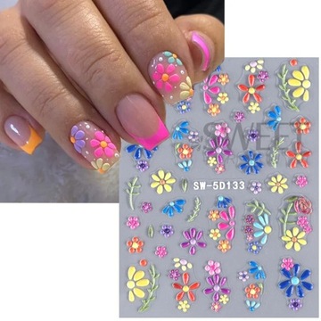 5D НАКЛЕЙКИ для украшения ногтей, самоклеящиеся выпуклые летние цветы неоновые