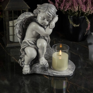 DUŻY SZARY ANIOŁ GIPSOWY + ŚWIECA FIGURKA NAGROBNA Podstawka pod ZNICZ
