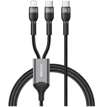 SZYBKI KABEL 3W1 W OPLOCIE USB-C TYP C LIGHTNING 65W 1.2M RECCI