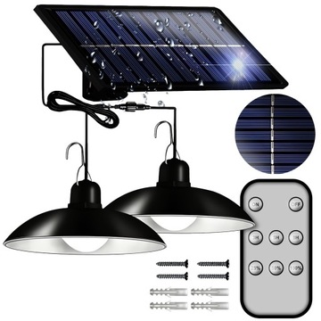 LAMPA SOLARNA 2x ŻYRANDOL LED WISZĄCA OGRODOWA ZEWNĘTRZNA PANEL + PILOT