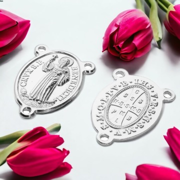 Srebrny łącznik do różańca medalik św. Benedykta