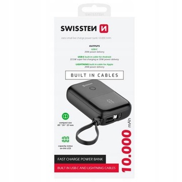 Powerbank SWISSTEN 10000 мАч со встроенными 2 кабелями USB-C LIGHTNING