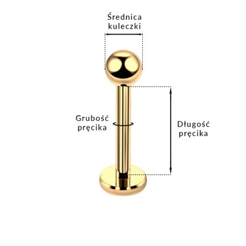 10 SZTUK Kolczyk Stalowyy, złoty Labret z kulką. Gw. zewnętrzny 1,2/8/3