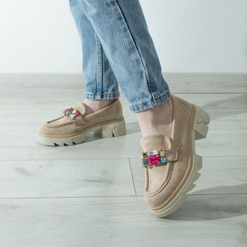 DAMSKIE MOKASYNY BEŻOWE PÓŁBUTY ZAMSZOWE LOAFERSY KAMIENIE NA PLATFORMIE