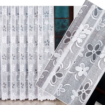 Firana żakardowa RENATA 400x250cm prosta w kwiaty (gotowa) z obszyciem