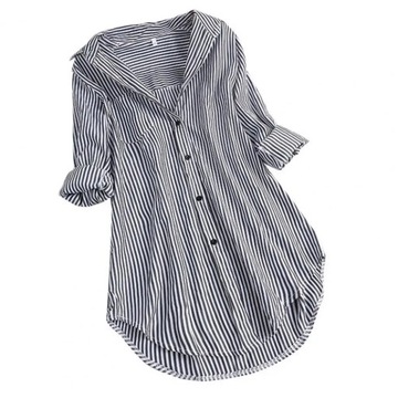 M-4XL Women Tunic Shirt Striped Long-sleeves V Nec