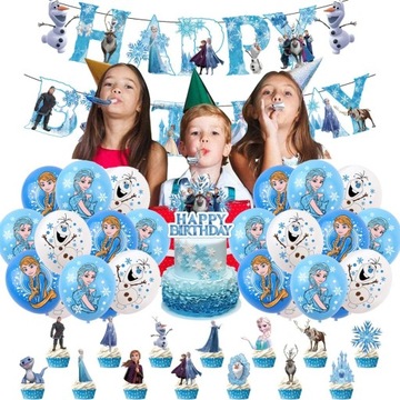 ZESTAW DEKORACJI URODZINOWYCH FROZEN KRAINA LODU ELSA BALONY TOPPERY