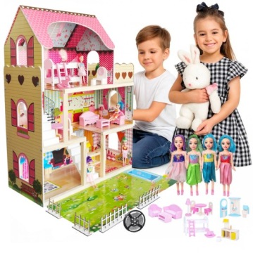 DUŻY DREWNIANY DOMEK DLA LALEK MEBLE + LALKI + LED