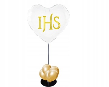 Balony ZE STELAŻEM foliowy serce napis ihs Komunia Święta dekoracja na stół