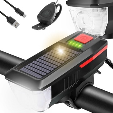 LAMPKA ROWEROWA LED LATARKA NA PRZÓD SOLARNA AKUMULATOROWA IPX4 + DZWONEK