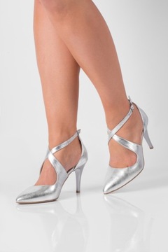 Buty ślubne skórzane taneczne srebrne z paskami 37