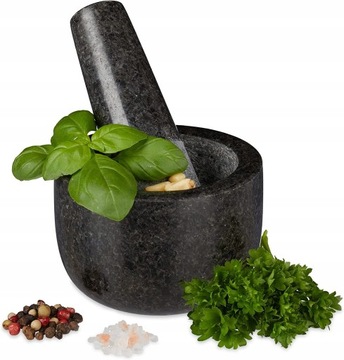 Большая гранитная кухонная ступка и пестик с травами