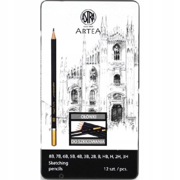 НАБОР ШКОЛЬНЫХ КАРАНДАШЕЙ ДЛЯ ЭСКИЗИРОВАНИЯ, 12 шт. в металлической коробке ASTRA
