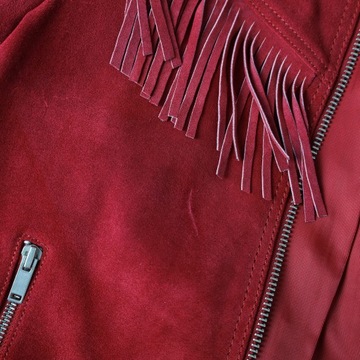 czerwona skórzana kurtka z frędzlami XS 34 zamsz