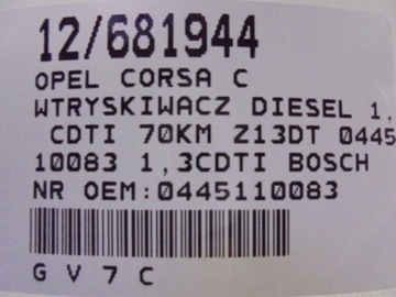 CORSA C VSTŘIKOVACÍ TRYSKA 0445110083 1,3CDTI