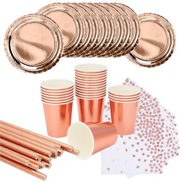 ZESTAW TALERZE KUBKI SERWETKI SŁOMKI ROSE GOLD