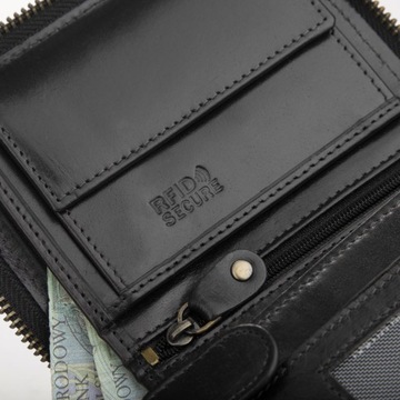 BETLEWSKI Skórzany portfel męski ochrona kart RFID suwak duży pionowy skóra