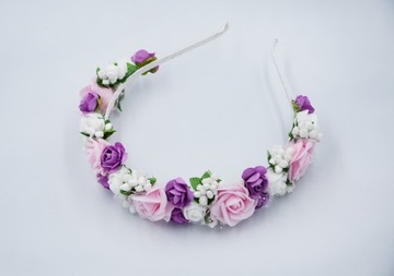 OPASKA różówa wianek komunijny kwiaty fioletowe na głowę na komunije wesele