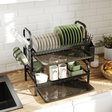 ДВУХУРОВНЕВАЯ ПОДСТАВКА ДЛЯ СУШКИ ПОСУДЫ, ЧЕРНАЯ, НЕРЖАВЕЮЩАЯ МЕТАЛЛИЧЕСКАЯ КАПЕЛЬНИЦА