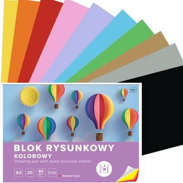 BLOK RYSUNKOWY KOLOROWY 20 KARTEK 10 KOLORÓW A3