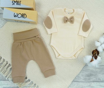 Боди с галстуком-бабочкой, комплект брюк в полоску крещение 74 бежевый