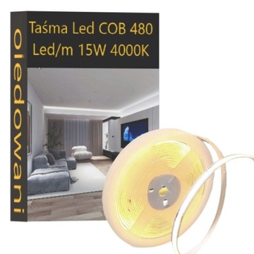 Homogeniczna Taśma Led COB 480 Led/m 15W BIAŁA NEUTRALNA 4000K 12V IP20