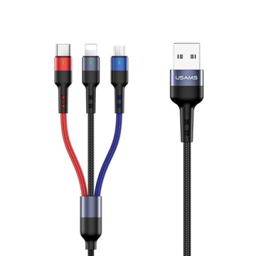 USAMS Kabel pleciony U26 3w1 0.35m 2A Fast Charge (lightning/microUSB/USB-C