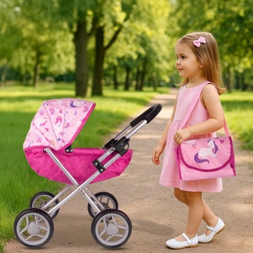 WÓZEK DLA LALEK GŁĘBOKI GONDOLA SKŁADANY TORBA REGULOWANY DASZEK DUŻE KOŁA