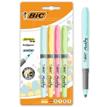 BIC HIGHLIGHTER GRIP ZAKREŚLACZ SZKOLNY BIUROWY 4 KOLORY PASTELOWEs