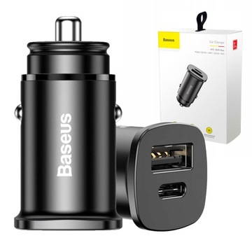 BASEUS SZYBKA ŁADOWARKA SAMOCHODOWA USB/USB-C DO GNIAZDA ZAPALNICZKI 30W QC