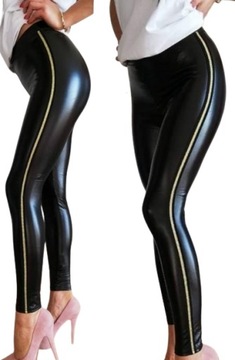 CZARNE SPODNIE LEGGINSY ekoskóra ZŁOTY LAMPAS L/XL