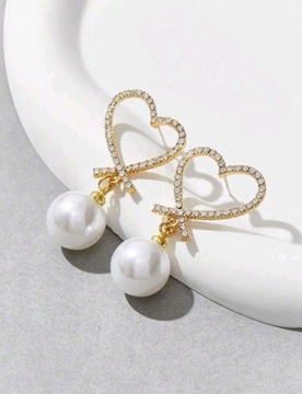Kolczyki złote duże długie wiszące serca z perłami z cyrkoniami