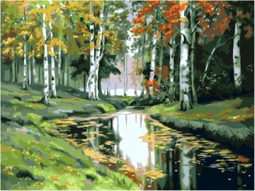 Malowanie Po Numerach dla dzieci Las Brzozy Potok z Z RAMĄ 40x50