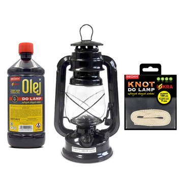 LAMPA NAFTOWA OLEJOWA CZARNA 24CM, OLEJ 1L KNOT 1M