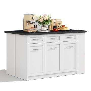 150+96cm White Kitchen Island w/ Extendable Table, Marble Top & Storage