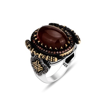 925K Natural Red Agate Stone Silver Men's Ring Ottoman Design
