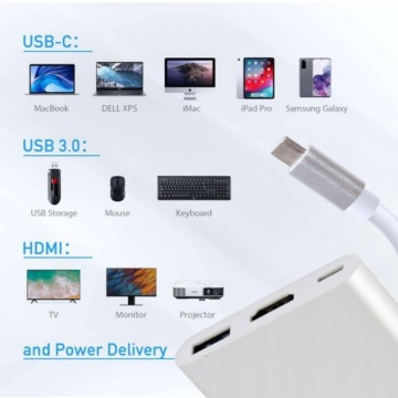 КАБЕЛЬ-АДАПТЕР USB-C HDMI HUB 3IN1 USB TYPE C USB FULL HD 4K