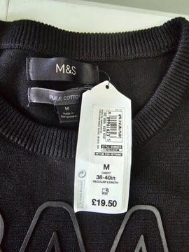 M&S męski sweter czarny cienki napis okrągły dekolt M