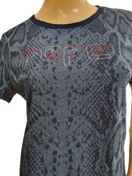Pepe Jeans granatowy bawełniany t-shirt logo wzór wężowy L