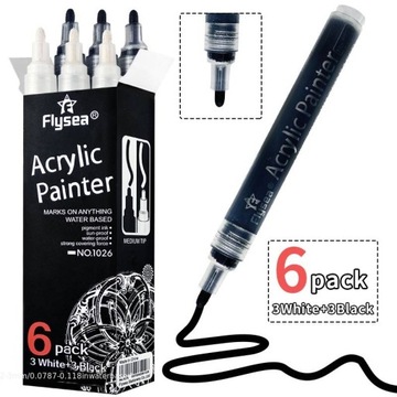 6 ЧЕРНЫХ И БЕЛЫХ АКРИЛОВЫХ МАРКЕРОВ, ВОДОНЕПРОНИЦАЕМЫЕ МАРКЕРЫ, МЕТКИ ДЛЯ КАМНЯ