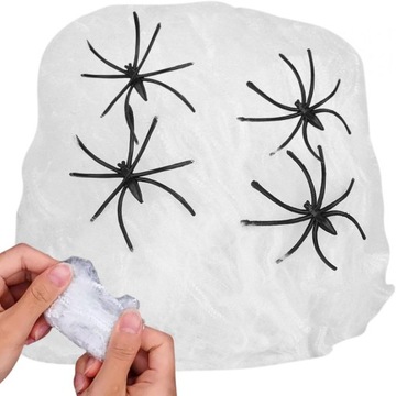 SZTUCZNA PAJĘCZYNA BIAŁA Z 4 PAJĄKAMI HALLOWEEN DEKORACJA ROZCIĄGLIWA