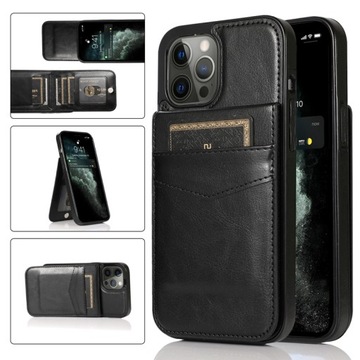 Etui IPHONE 13 czarne dodatkowe kieszenie na karty płatnicze, podstawka